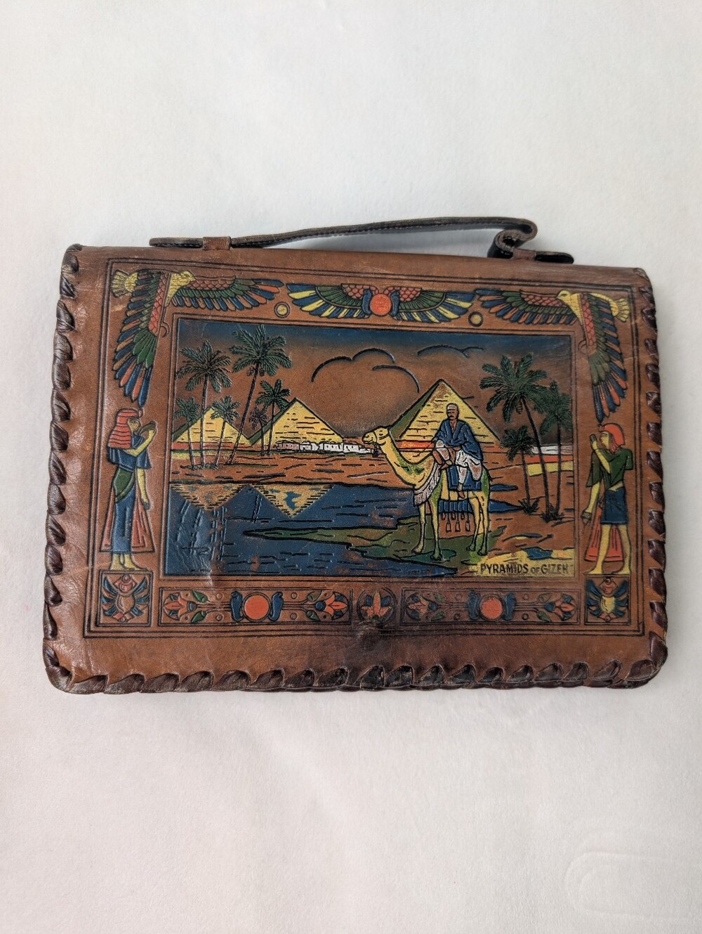 Vintage Genuine Leather Egyptian Pyramids of Gizeh Handbag Clutch 10" x 7"